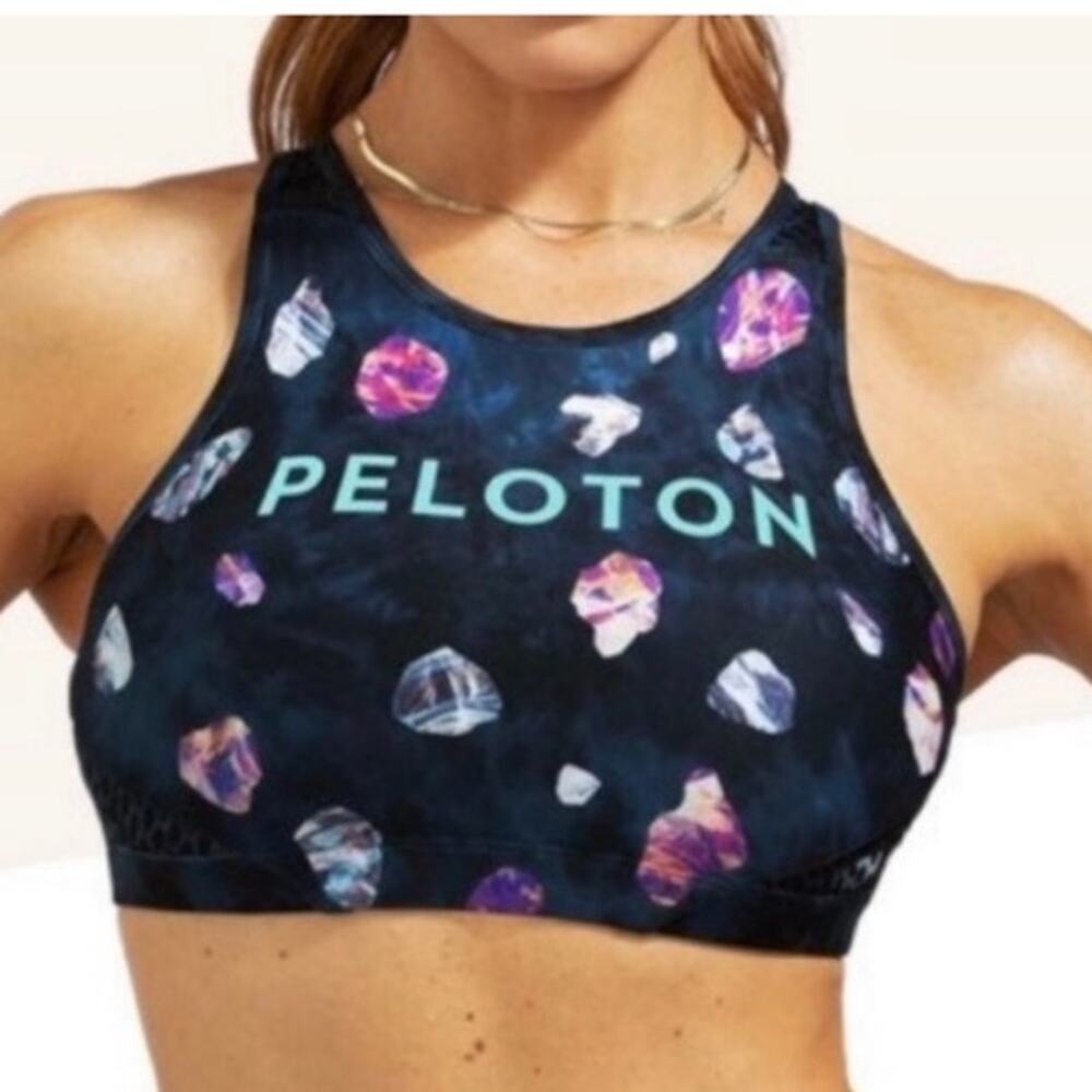 Peloton WITH Asteroid High Neck Bra Back Cut Out Navy Mesh Detail Logo Small - Picture 1 of 7